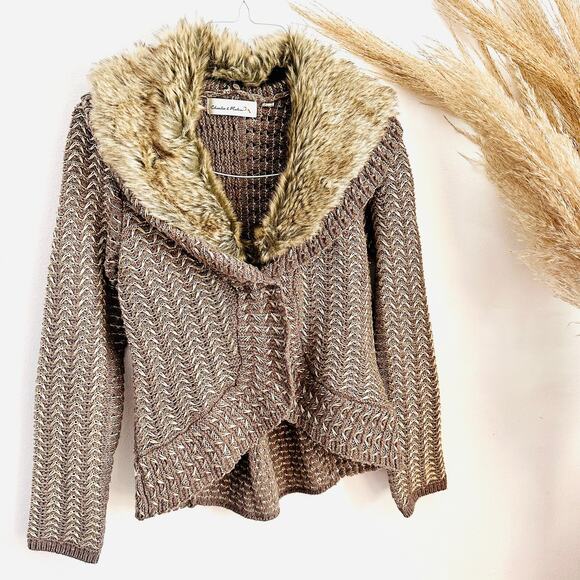 ANTHROPOLOGIE CHARLIE ROBIN Brown Tan Rushcliffe Fur Collar Cardigan Sweater S - Picture 2 of 11